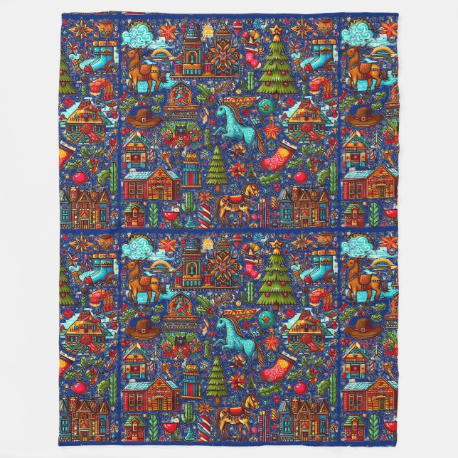 Fun Western Muster Christmas Blue Fleecedecke (Vorderseite)