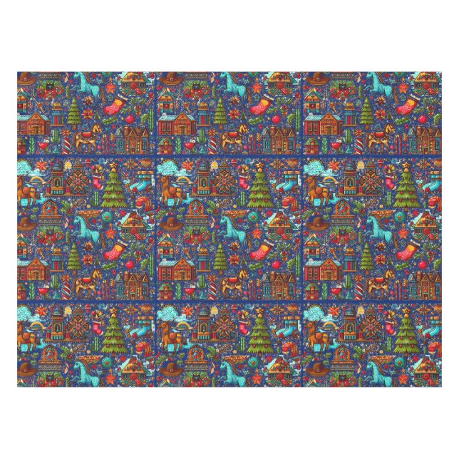 Fun Western Muster Christmas Blue Tischdecke (Vorderseite (Horizontal))