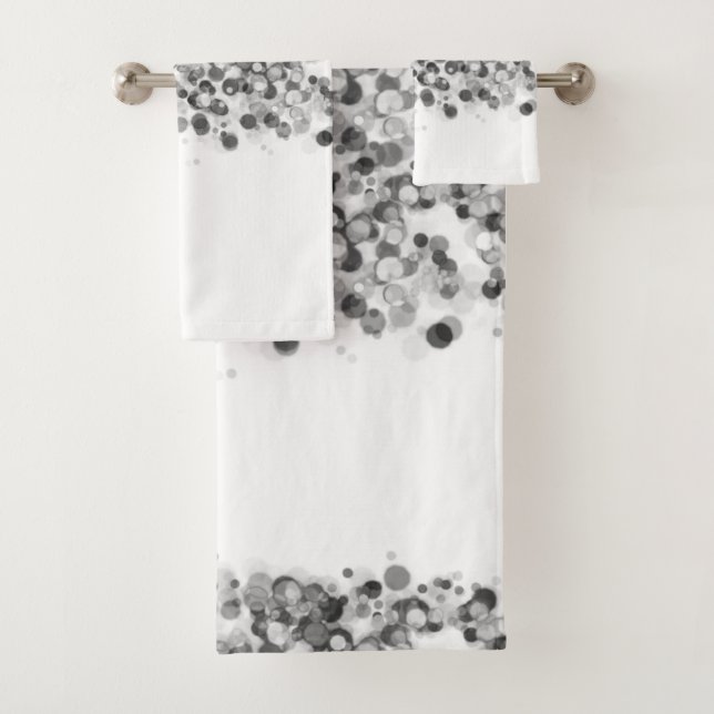 Fun Whimsical Silver Black Circles auf weißes Hand Badhandtuch Set (Insitu)