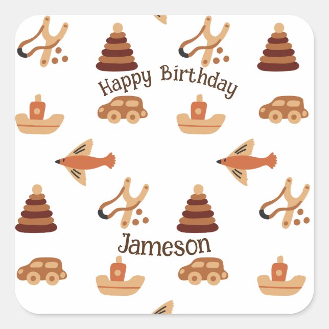 Fun White Brown Kinder Spielzeug Flugzeug Boot Geb Quadratischer Aufkleber (Vorderseite)