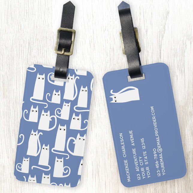 Fun White Cat on Blue Gepäckanhänger (White cat on sky blue personalized luggage tag for animal lovers)