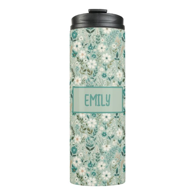 Fun White Daisy Aquamarin Floral Thermosbecher (Vorderseite)