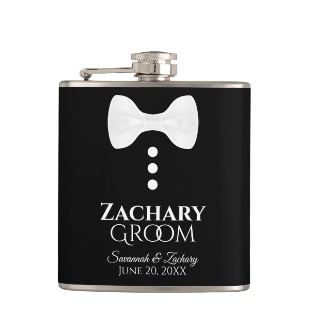 Fun White Krawatte Tuxedo Groom Hochzeitsflasche Flachmann (Vorderseite)