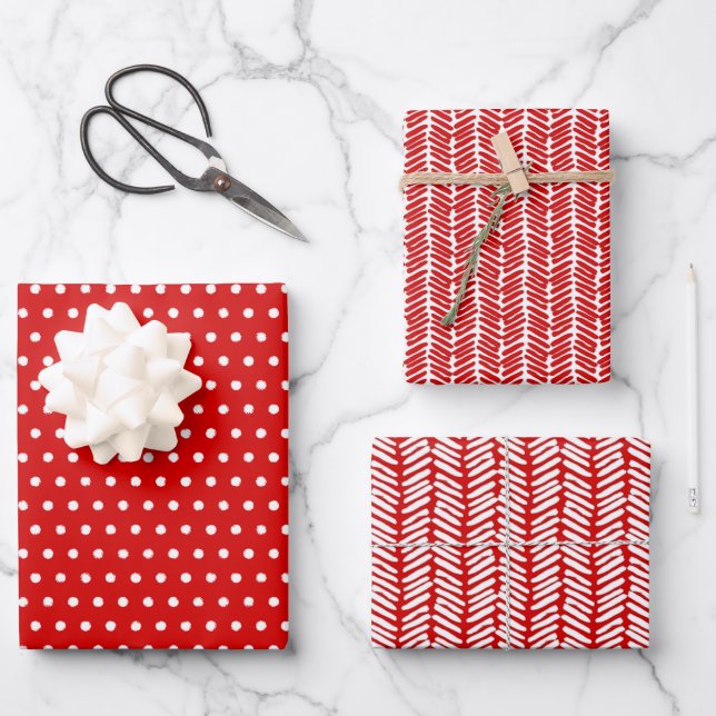 Fun White Polka zeigt Zickzack Streifen auf Rot Geschenkpapier Set (Vorderseite)