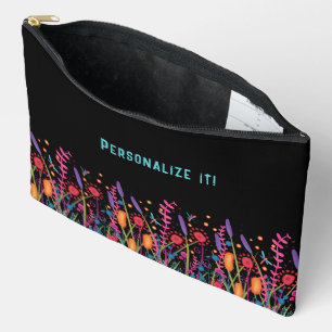 Fun Wildblumen Black Floral Individuelle Name Zubehörtasche
