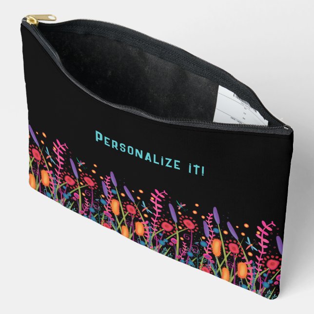 Fun Wildblumen Black Floral Individuelle Name Zubehörtasche (Offen)