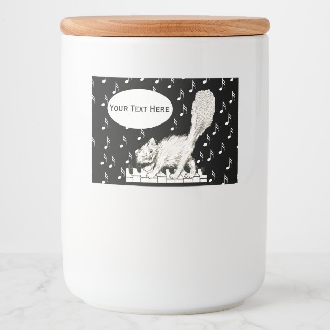 Fun Winking White Cat Piano Keys Musiknote Lebensmitteletikett (Vorderseite)