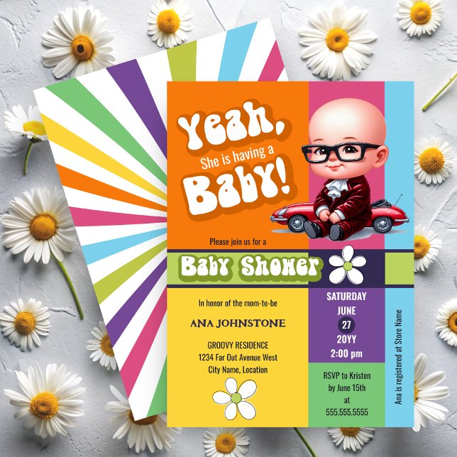 Fun Yeah Baby Retro Baby Dusche Einladung (Yeah, she is having a Baby fun, retro invitation front and back view.)