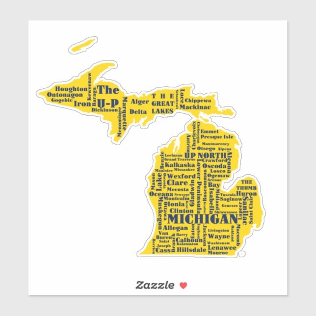 Fun Yellow and Navy Blue Staat in Michigan Cities Aufkleber (Blatt)