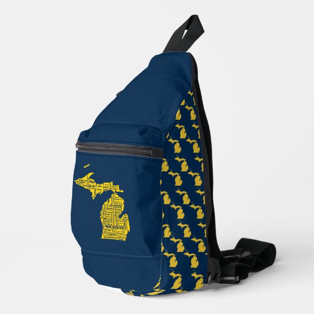 Fun Yellow and Navy Blue Staat in Michigan Cities Crossbody Bag (Rechte Ecke)