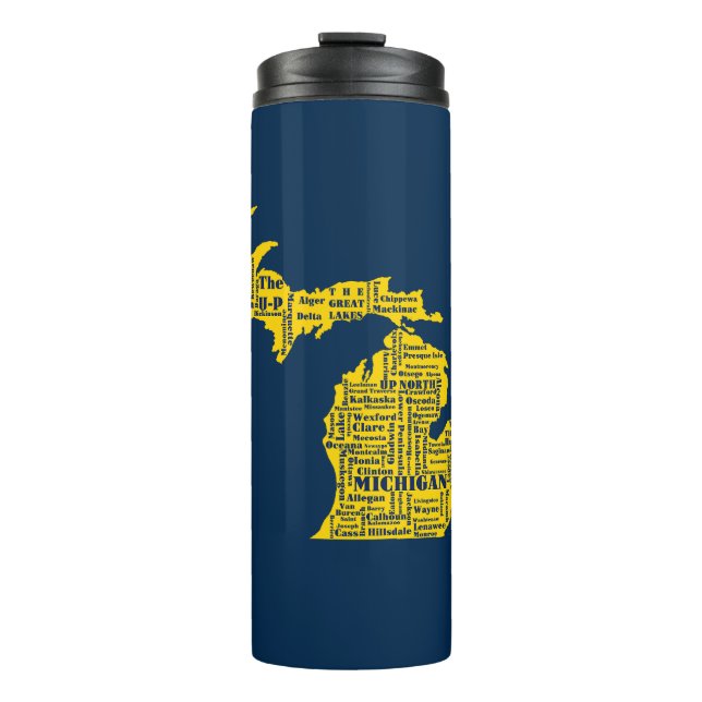 Fun Yellow and Navy Blue Staat in Michigan Cities Thermosbecher (Vorderseite)