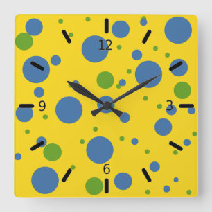 Fun Yellow, Green and Blue Spotted Wall Clock Quadratische Wanduhr