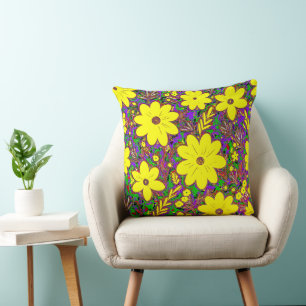 Fun Yellow Retro Daisy farbige Foliage Kissen