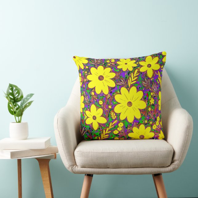 Fun Yellow Retro Daisy farbige Foliage Kissen (Stuhl )