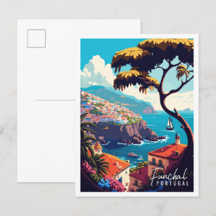 Funchal Portugal Vintage Illustration Postkarte