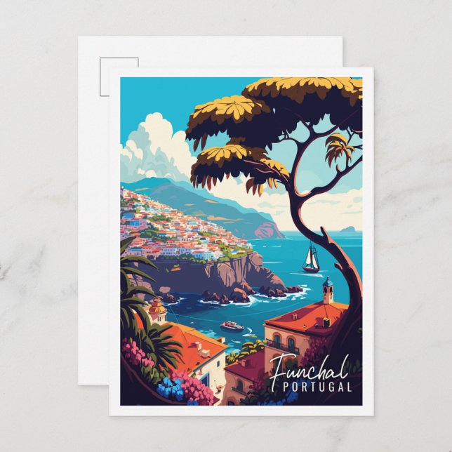 Funchal Portugal Vintage Illustration Postkarte (Vorne/Hinten)