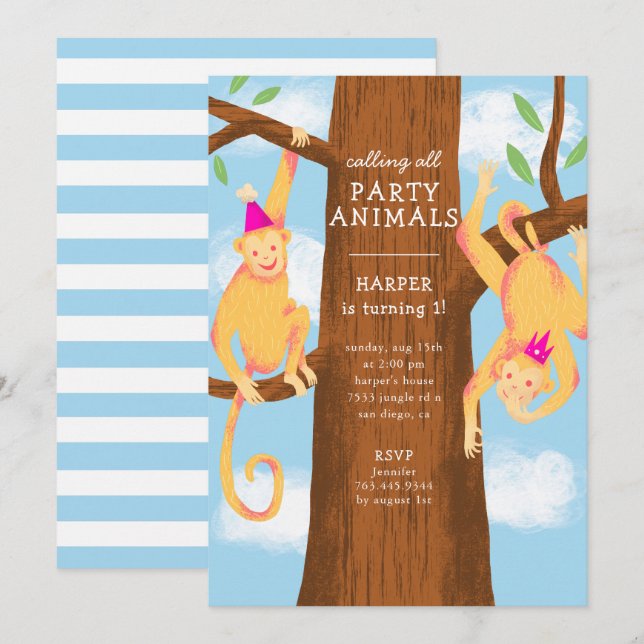 Funchjungelaffen Geburtstagsparty Einladung (Vorne/Hinten)