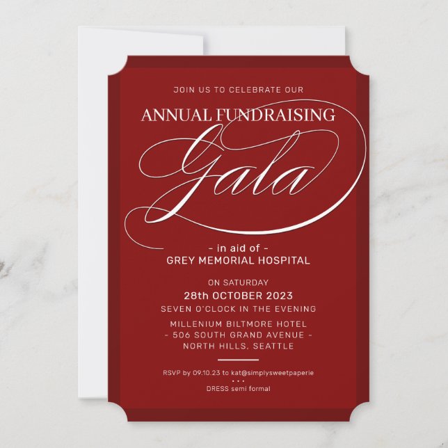 FUNDRAISING GALA elegant event fancy script maroon Einladung (Vorderseite)
