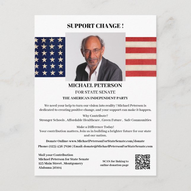 Fundraising Spende USA Politische Kampagne Postkarte (Vorderseite)