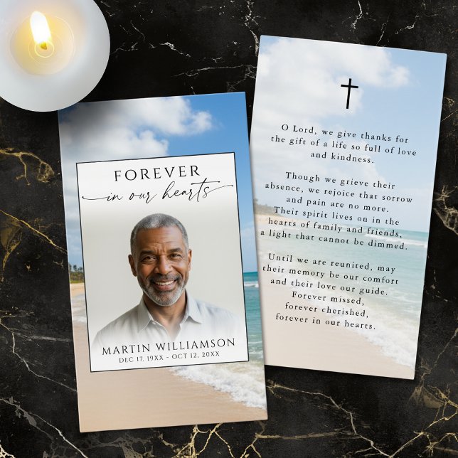 Funeral Beach Photo Forever Hearts Prayer Card (Von Creator hochgeladen)