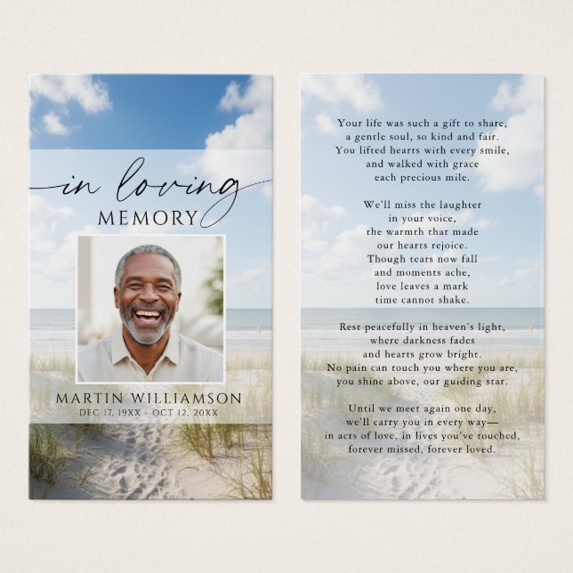Funeral Beach Photo In Loving Memory Prayer Card (Vorne & Hinten)
