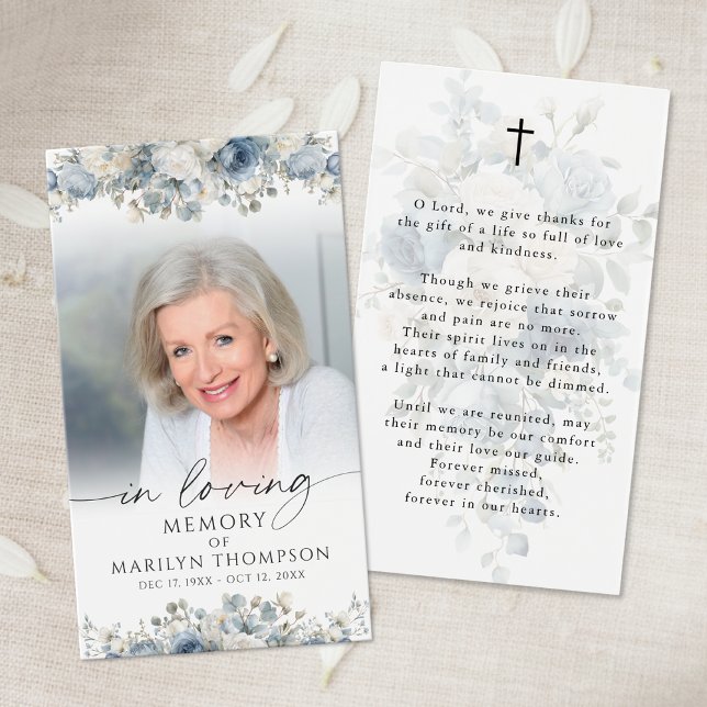 Funeral Blue Floral Photo Sympathy Prayer Card (Von Creator hochgeladen)