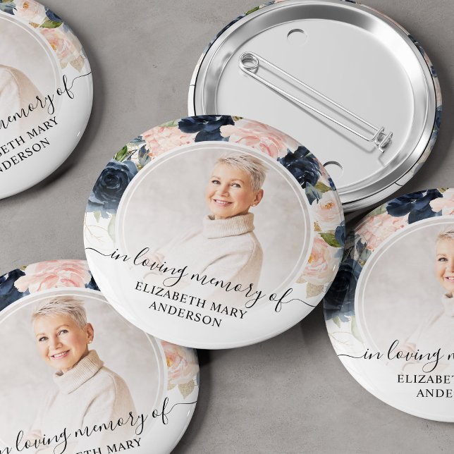 Funeral In Loving Memory Navy Pink Floral Foto Button (Von Creator hochgeladen)