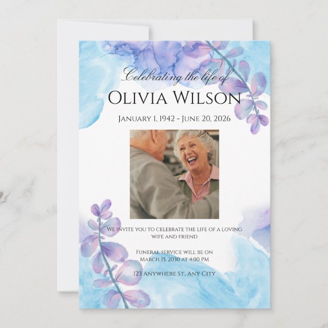 Funeral Invitation Template – Blue & Purple Einladung (Vorderseite)