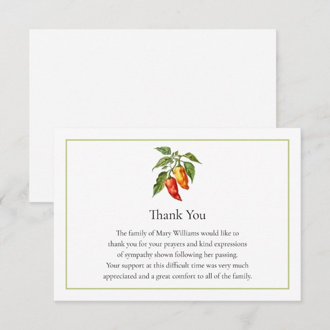 Funeral Memorial Chili Pepper Thank You Note Card Dankeskarte (Vorne/Hinten)