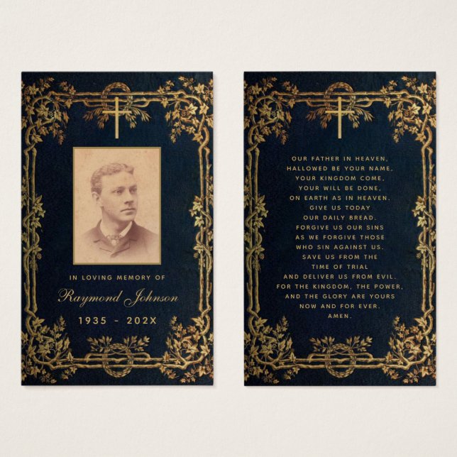Funeral Vintage Gold Vines Navy Blue Memorial (Vorne & Hinten)