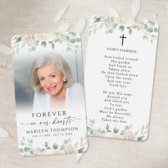 Funeral White Floral Photo Cross Poem Prayer Card (Von Creator hochgeladen)
