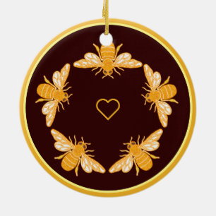 Fünf Bienen auf dunkelbraunem Goldfeldrand Keramik Ornament
