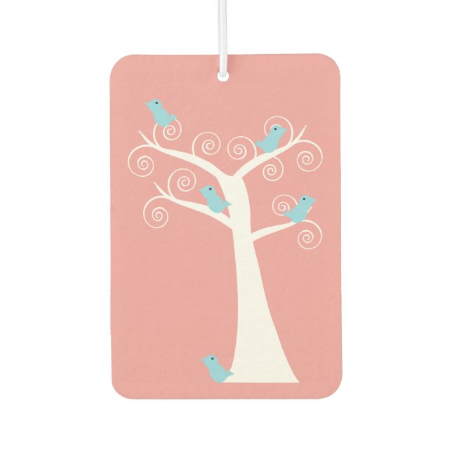 Fünf blaue Vögel in einem Baum (rosa) Autolufterfrischer (Vorderseite)