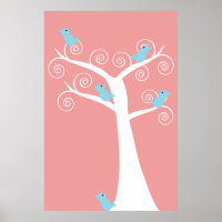 Fünf blaue Vögel in einem Baumposter