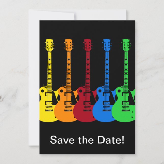 Fünf farbige elektrische Gitarren Save The Date (Vorderseite)