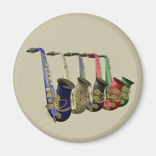 Fünf farbige Saxophone in einer Linie Magnet (Vorne)