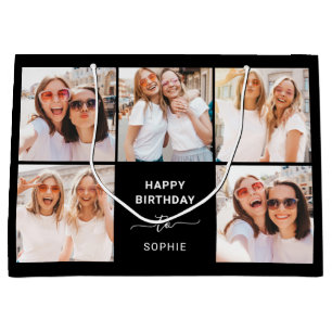 Fünf Foto Grid Black Happy Birthday Große Geschenktüte