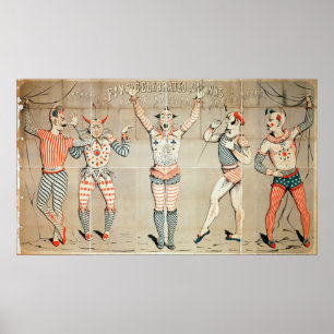 Fünf gefeierte Clowns an Sandstränden Poster