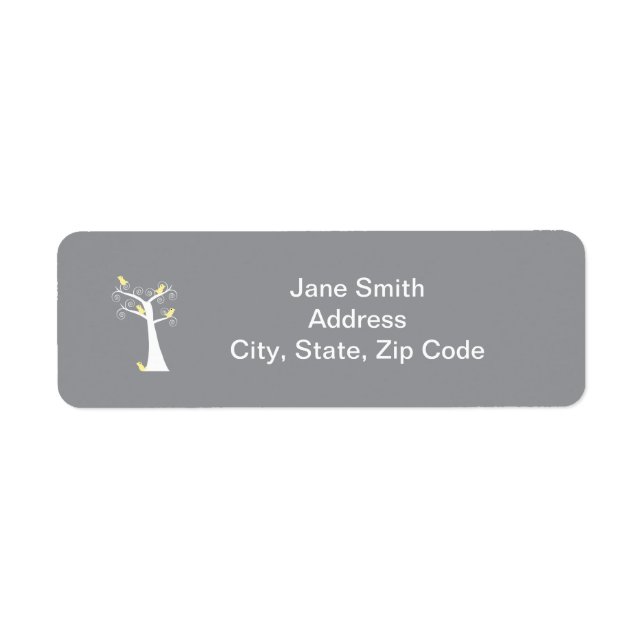 Fünf gelbe Vögel in einem Baumlabel (Vorne)