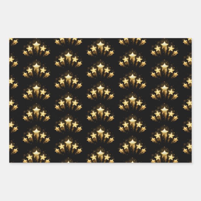 Fünf goldene Sterne auf schwarz Geschenkpapier Set (Vorderseite)