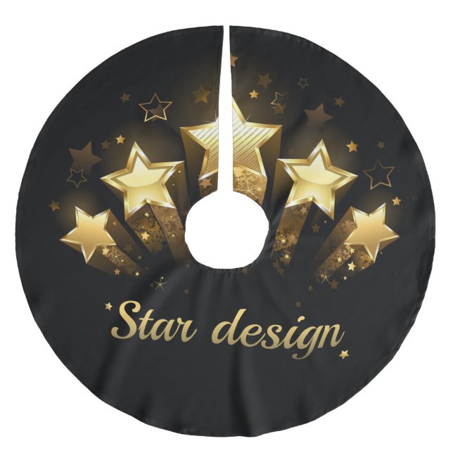 Fünf goldene Sterne auf schwarz Polyester Weihnachtsbaumdecke (Vorderseite)