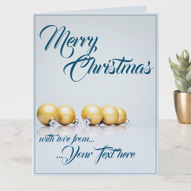Fünf goldene Weihnachtsbälle - blaues Schreiben Karte (Kleine Pflanze)