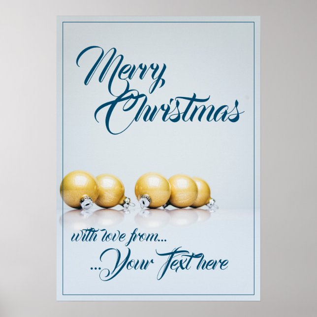 Fünf goldene Weihnachtsbälle - blaues Schreiben Poster (Vorne)