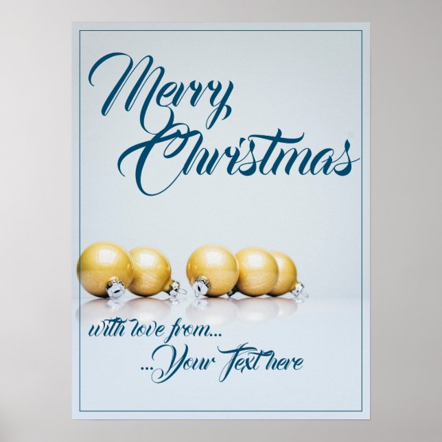 Fünf goldene Weihnachtsbälle - blaues Schreiben Poster (Vorne)