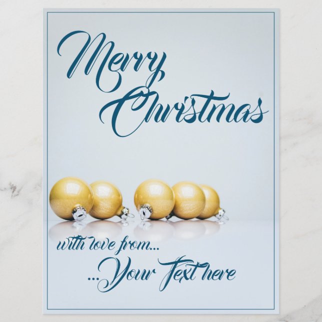 Fünf goldene Weihnachtskugeln - blaue Schrift (Vorderseite)