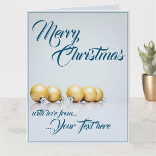 Fünf goldene Weihnachtskugeln - blaue Schrift Karte