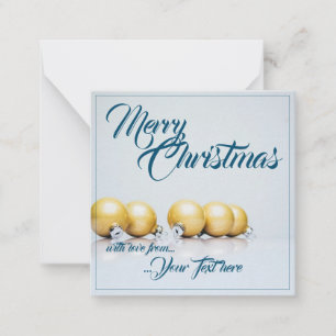 Fünf goldene Weihnachtskugeln - blaue Schrift Mitteilungskarte