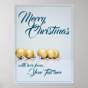 Fünf goldene Weihnachtskugeln - blaue Schrift Poster
