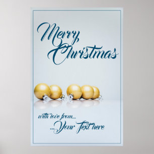 Fünf goldene Weihnachtskugeln - blaue Schrift Poster