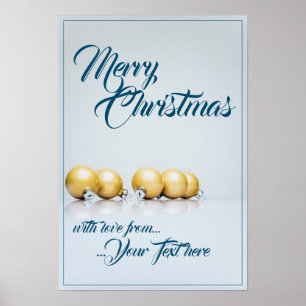 Fünf goldene Weihnachtskugeln - blaue Schrift Poster